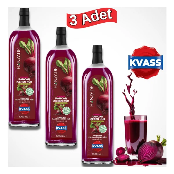 Hanzade Bitkisel Pancar Kvass Fermente Kırmızı Pancar Içeren Kür 1 Litre x 3 Adet Cam Şişe - 3 lt - Görsel 7