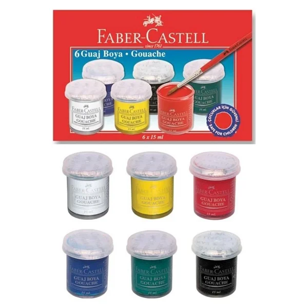 Faber-Castell Guaj Boya 6 Renk x 15 ml Su Bazlı Şişe 1 Paket Faber Guaj Boya Seti Şişe Içerisinde 6 Lı Okul Hobi - Renkli - Görsel 5