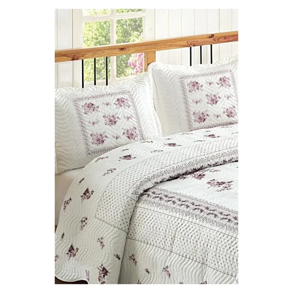 Örtüm Flower Lila Çift Kişilik Kapitone Yatak Örtüsü - Renkli - 250 x 260 cm - Görsel 2