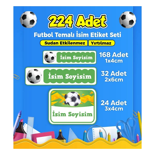 Sb Store Futbol Temalı Okul Kreş İsim Etiketi Kalem Defter Özel İsim Yazılabilen Etiket Seti Model 34 - 224 Adet - Görsel 4