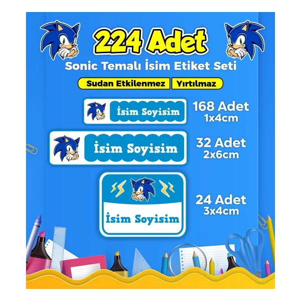 Sb Store Sonic Okul Kreş Etiketi Kalem Defter Özel Isim Yazılabilen Etiket Seti Model 20 - 224 Adet - Görsel 5