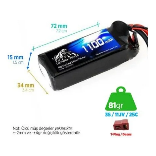 Leopard Power 1100MAH 11.1V 3s 25C Lityum Polimer Lipo Batarya Pil T Plug - Görsel 7