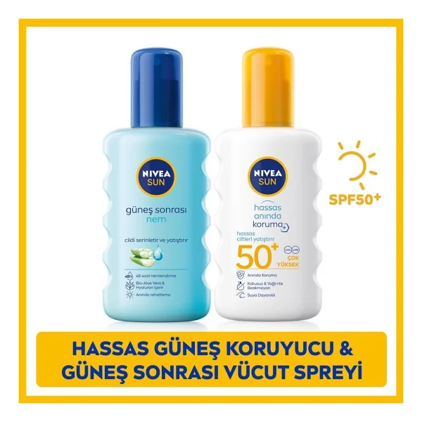 Nivea SUN Hassas Yüksek Güneş Koruyucu Sprey SPF50 200ml, Nemlendirici Güneş Sonrası Spreyi 200ml - Görsel 2