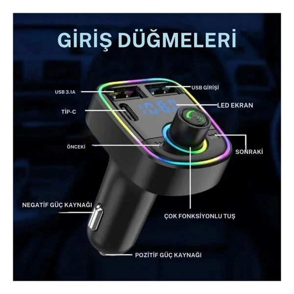 Cosmostech Car C2 Araç Fm Transmitter 5.3 Bluetooth Araç Kiti Hızlı Şarj Qc 3.1 Çift USB ve TYPE-C Mp3 Sd Kart Çakmaklık Girişli Oto Müzik Çalar - Görsel 2