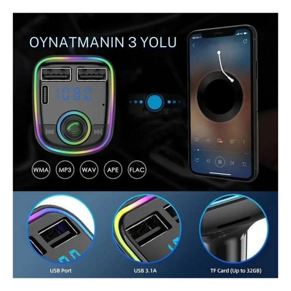 Cosmostech Car C2 Araç Fm Transmitter 5.3 Bluetooth Araç Kiti Hızlı Şarj Qc 3.1 Çift USB ve TYPE-C Mp3 Sd Kart Çakmaklık Girişli Oto Müzik Çalar - Görsel 3