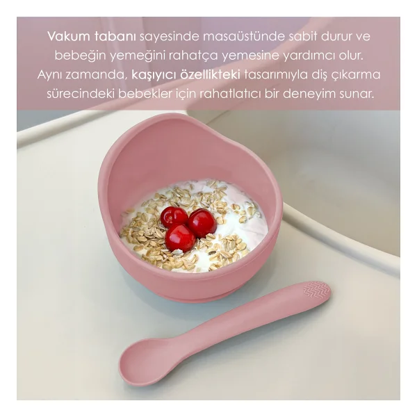 Meleni Baby Silikon Pembe Vakumlu Kase Kaşık 2'li Beslenme Seti - Görsel 4