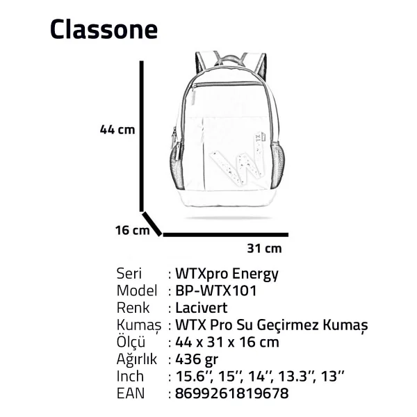 Classone BP-WTX101 Lacivert 15.6" Laptop Sırt Çantası - Görsel 7