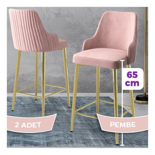 Canisa Tera Serisi 2 Adet Babyface Kumaş 65 cm Gold Kaplama Ayaklı Bar Sandalyesi - Lacivert - Görsel 4