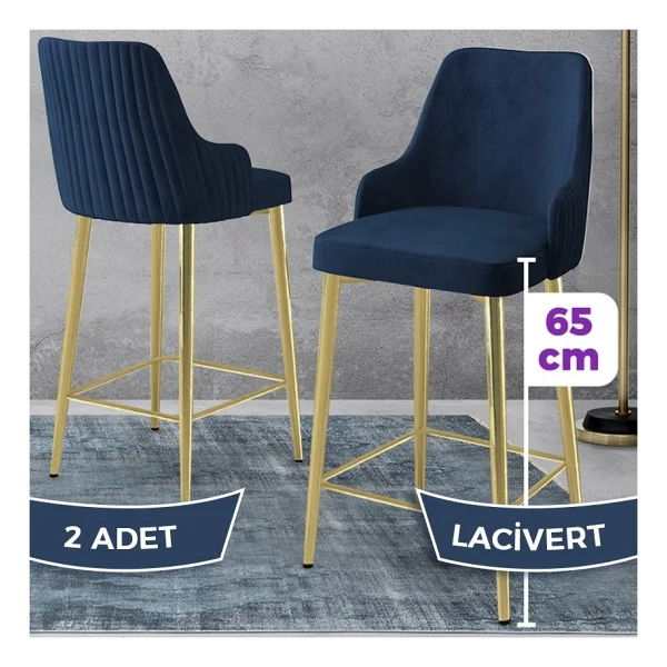 Canisa Tera Serisi 2 Adet Babyface Kumaş 65 cm Gold Kaplama Ayaklı Bar Sandalyesi - Lacivert - Görsel 6