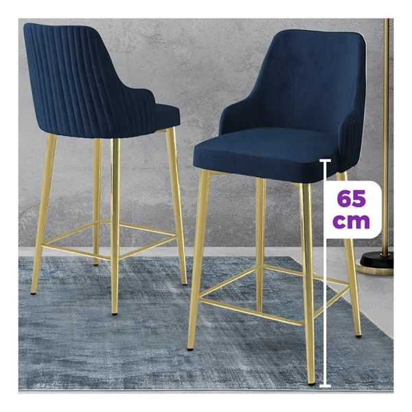Canisa Tera Serisi 2 Adet Babyface Kumaş 65 cm Gold Kaplama Ayaklı Bar Sandalyesi - Lacivert - Görsel 2