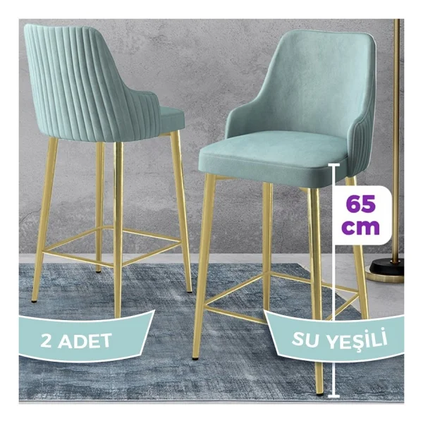Canisa Tera Serisi 2 Adet Babyface Kumaş 65 cm Gold Kaplama Ayaklı Bar Sandalyesi - Lacivert - Görsel 7