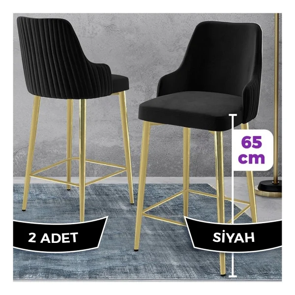 Canisa Tera Serisi 2 Adet Babyface Kumaş 65 cm Gold Kaplama Ayaklı Bar Sandalyesi - Lacivert - Görsel 8