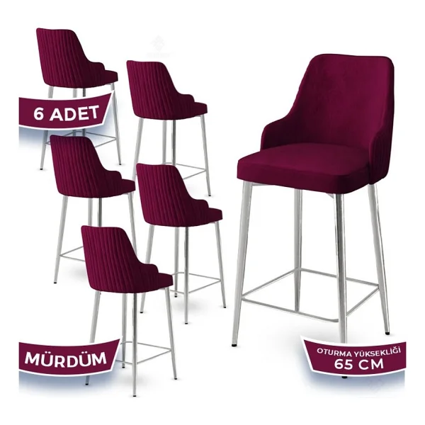 Canisa Tera Serisi 6 Adet Babyface Kumaş 65 cm Krom Kaplama Ayaklı Bar Sandalyesi - Mürdüm - Görsel 7
