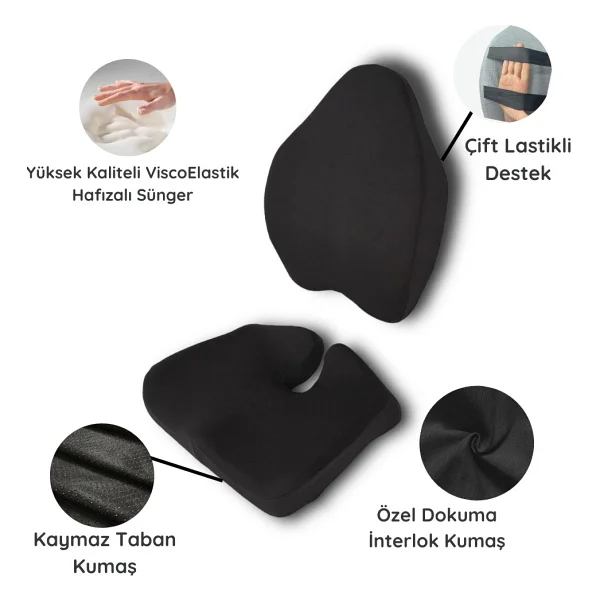 Viscomfort Ergonomik Oturma Minderi & Ortopedik Visco Bel Yastık Seti - 46 x 40 cm - Siyah - Görsel 4