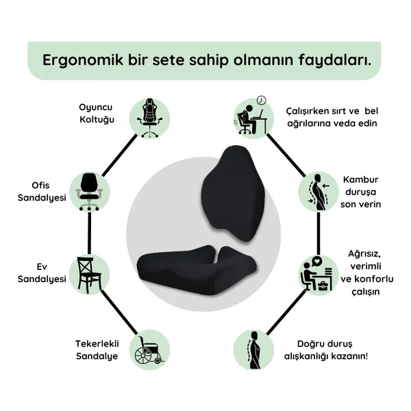 Viscomfort Ergonomik Oturma Minderi & Ortopedik Visco Bel Yastık Seti - 46 x 40 cm - Siyah - Görsel 5