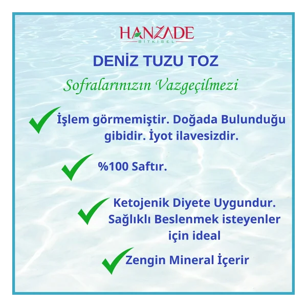 Hanzade Bitkisel Saf Deniz Tuzu Toz Öğütülmüş Iyot Ilavesiz 1 kg x 2 Adet - 2 kg - Görsel 3
