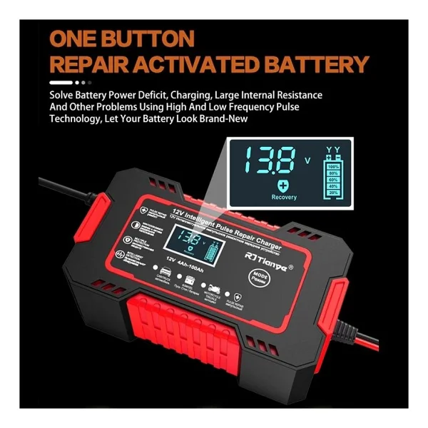RJTianye 12V 6A Akıllı Araba Motosiklet LCD Ekran Araç Akü Onarım Hızlı Şarj Cihazı Islak Kuru Jel Kurşunasit - Görsel 5