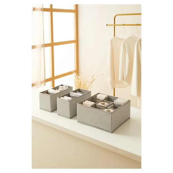 Ocean Home Textile 3'lü Bölmeli Petek Gri Çekmece İçi Dolap Çamaşır Düzenleyici Katlanır Saklama Kutusu Organizer Set - 3 Adet - 1x 28X28X13 + 2x 13X28X13 cm - Görsel 8
