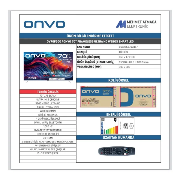 Onvo OV70F500 4K Ultra HD 70" 178 Ekran Uydu Alıcılı webOS Smart LED TV - Görsel 4