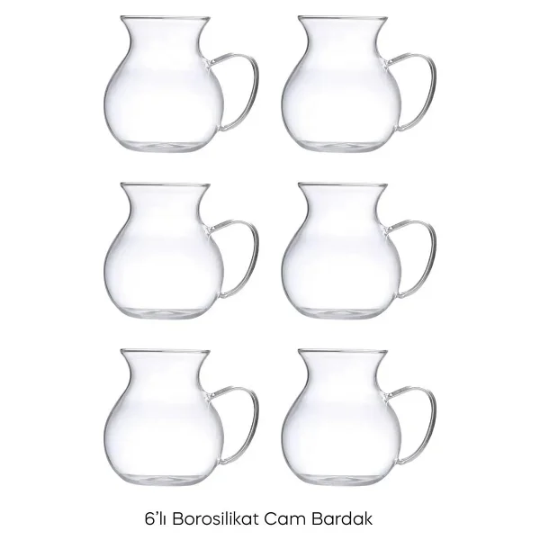 Eli-Ka Home 6'lı Keyfi Ala Borosilikat Cam Tombul Kulplu Çay Bardağı 200 ml /Kulplu Kazan Çay Bardağı - Görsel 4