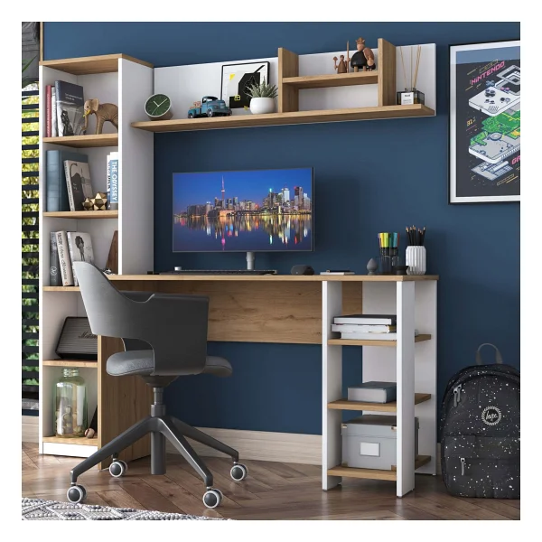 Rani Ha125 Kitaplıklı Raflı Çalışma Ofis Bilgisayar Masası Sepet Ceviz - Beyaz - 45 x 1 20 cm - Beyaz - Ceviz - Görsel 6