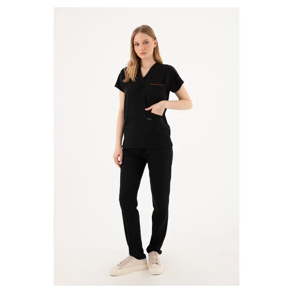 Vizyon Uniform Premium Likralı Siyah Hemşire Forması - Cerrahi Takım - Scrubs Takım - Unisex - 2XL - Görsel 2