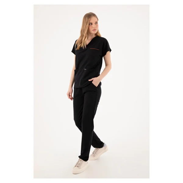 Vizyon Uniform Premium Likralı Siyah Hemşire Forması - Cerrahi Takım - Scrubs Takım - Unisex - 2XL - Görsel 3