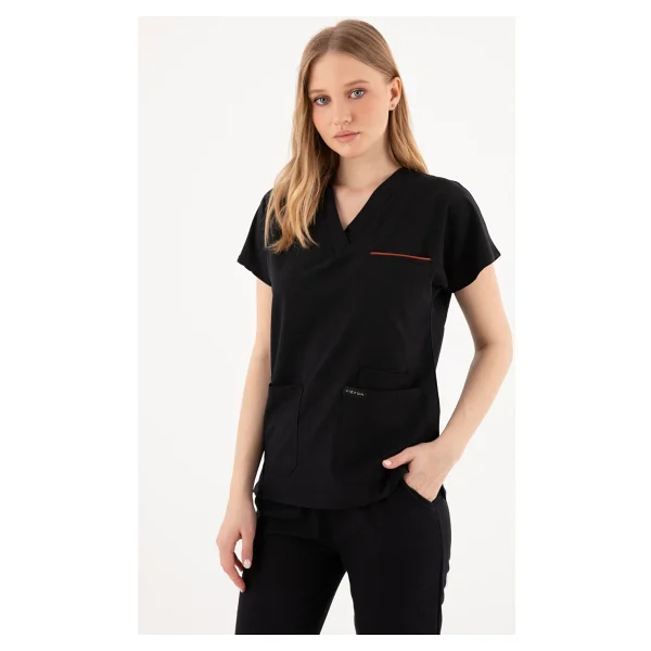 Vizyon Uniform Premium Likralı Siyah Hemşire Forması - Cerrahi Takım - Scrubs Takım - Unisex - 2XL - Görsel 4