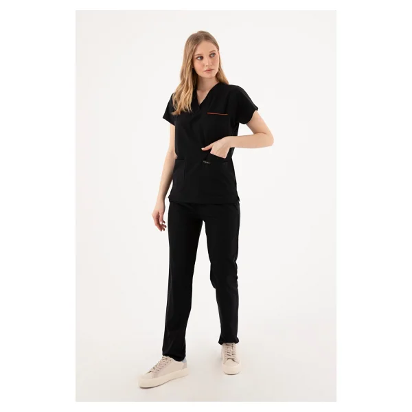 Vizyon Uniform Premium Likralı Siyah Hemşire Forması - Cerrahi Takım - Scrubs Takım - Unisex - 2XL - Görsel 5