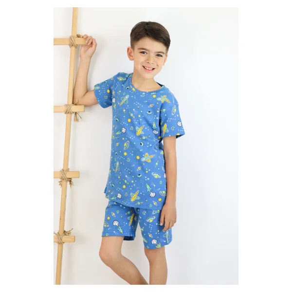 Erkek Çocuk Baskılı Pamuklu Penye Kumaş Şortlu Pijama Takımı - Görsel 4
