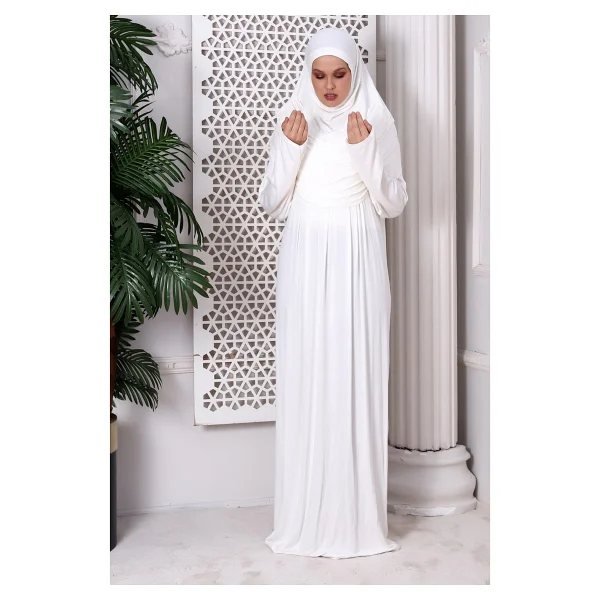 Tek Parça Pratik Başörtülü Robalı Namaz Elbisesi 8015 Kırık Beyaz - Standart - Görsel 2