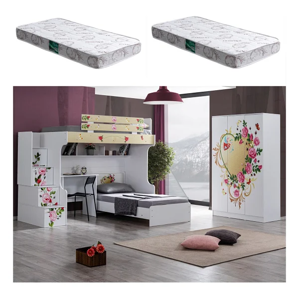 Setay Mira Ranza Karyola Çalışma Masası 3 Kapaklı Dolap + 2 Adet Comfort Yatak - Beyaz - 90 x 190 cm - Görsel 2