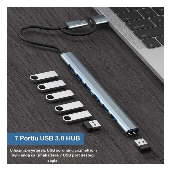 UmoTech 7 Port Usb 3.0 Hub 7in1 Usb 3.0 Hub Çoklayıcı Pc Bilgisayar Uyumlu Veri Aktarımı Mouse Klavye Bağlan - Görsel 5