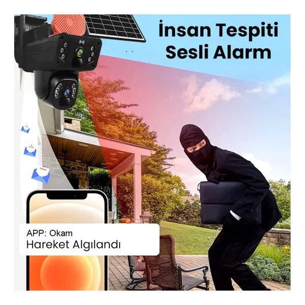 Kadraj Solar Panelli Güneş Enerjili Sim Kartlı 4g 6 mp Çift Lensli Ptz Güvenlik Kamerası - Hareket Algılama 128 GB Sd Kart - Görsel 4