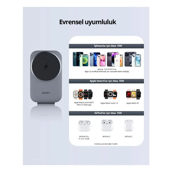 Aukey LC-MC312 15 W 3in1 Kablosuz Şarj Aleti - Görsel 5