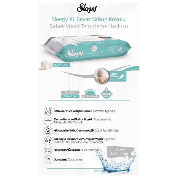 Sleepy Hassas Ciltlere Özel XL 50'li 23 Adet Vücut Temizleme Mendili - Görsel 3