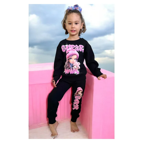 Lolli Boom Kids Kız Çocuk Oyuncak Bebek Fuşya Pembe Siyah Baskılı Sweatshirt Eşofman Alt Üst Takım - 3 - 4 Yaş - Siyah - Pembe - Görsel 6