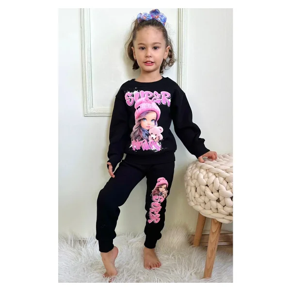 Lolli Boom Kids Kız Çocuk Oyuncak Bebek Fuşya Pembe Siyah Baskılı Sweatshirt Eşofman Alt Üst Takım - 3 - 4 Yaş - Siyah - Pembe - Görsel 2