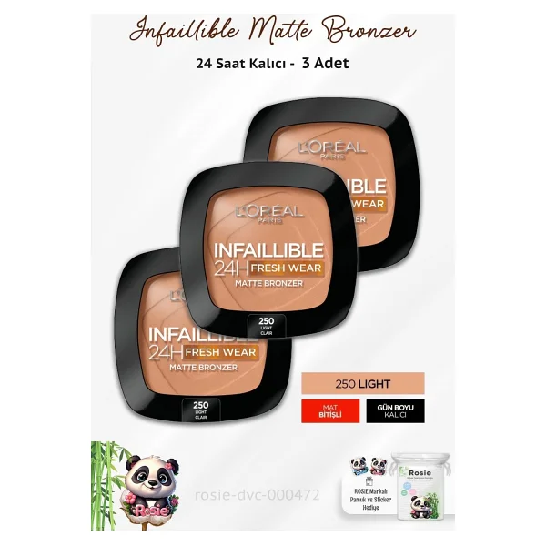 L'Oreal Paris Infaillible 24h Fresh Wear Matte 250 Light Claire 3 Adet Bronzer ve Rosie - Görsel 6