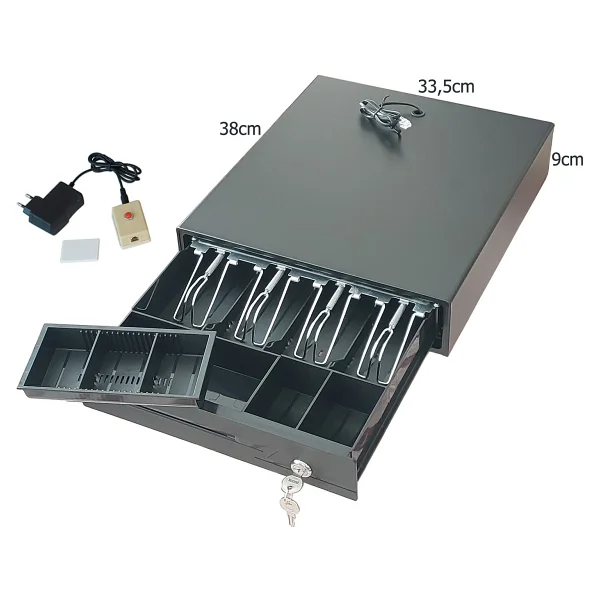 Saypos 4 Banknot Gözlü Kolay Açma Buton ve Adaptörlü, Anahtardan Açılır Orta Boy Para Çekmecesi 33,5x37x9cm - Görsel 7