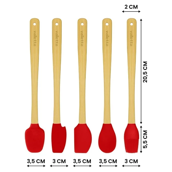 Valletta Indigo 5'li Kırmızı Bambu Silikon Spatula Seti Uzun 26 Cm - 5 Parça 26 cm - Görsel 2