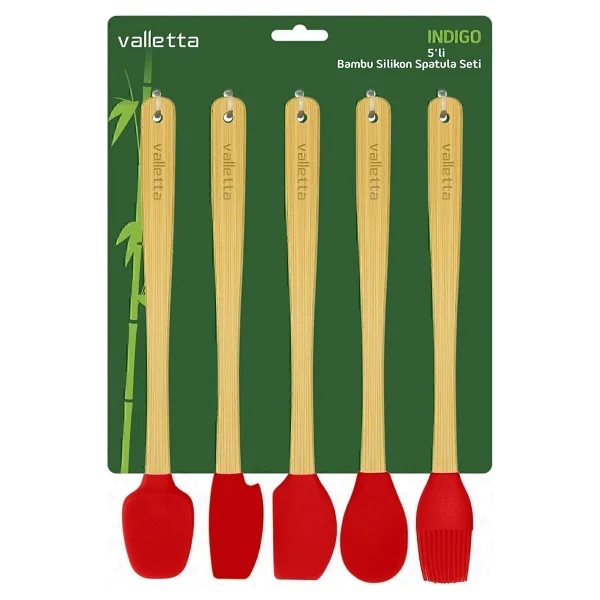 Valletta Indigo 5'li Kırmızı Bambu Silikon Spatula Seti Uzun 26 Cm - 5 Parça 26 cm - Görsel 4