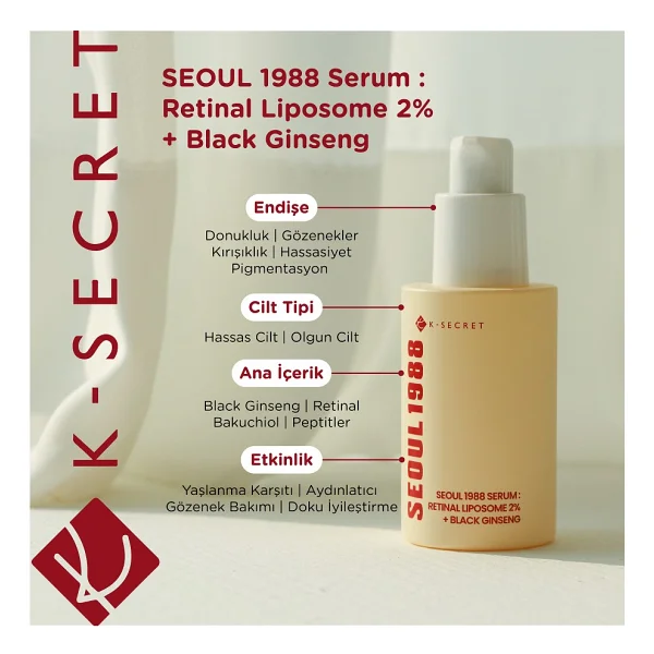 K-Secret SEOUL 1988 Serum : Retinal Liposome 2% + Black Ginseng - Kırışıklık Karşıtı ve Aydınlatıcı Retinal Serum 30ml - Görsel 2