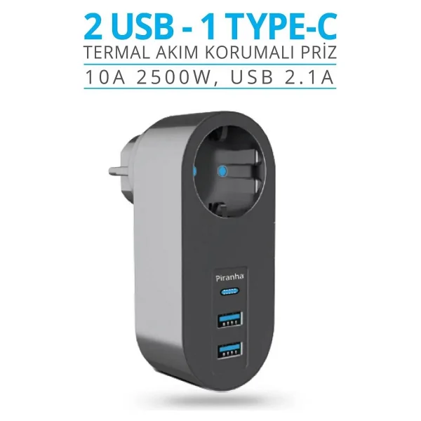 Piranha Termal Akım Korumalı Priz / 2 X Usb - 1 X Type-c Girişli - Görsel 2