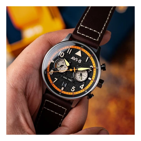 AVI-8 Hawker Hurricane Carey Dual Time AV-4088 Deri Kordon Erkek Kol Saati - Görsel 6