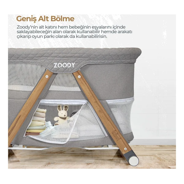 Kiwi Zoody 3 in 1 Bebek Beşiği, Oyun Parkı ve Park Yatak Gri - Görsel 3