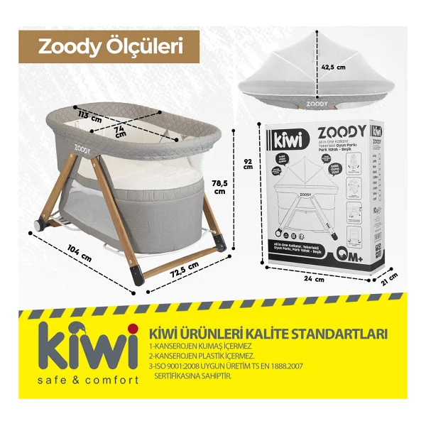 Kiwi Zoody 3 in 1 Bebek Beşiği, Oyun Parkı ve Park Yatak Gri - Görsel 2