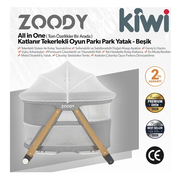 Kiwi Zoody 3 in 1 Bebek Beşiği, Oyun Parkı ve Park Yatak Gri - Görsel 7