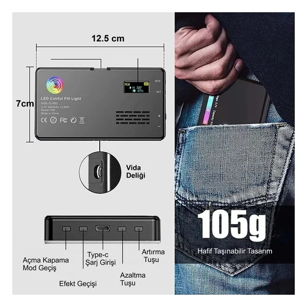 HyMark RGB-CL120 LED Video Fotoğraf Dolgu Işığı 9000K LCD Ekran 20 Efekt DSLR Vlog Canlı Yayın - Görsel 3