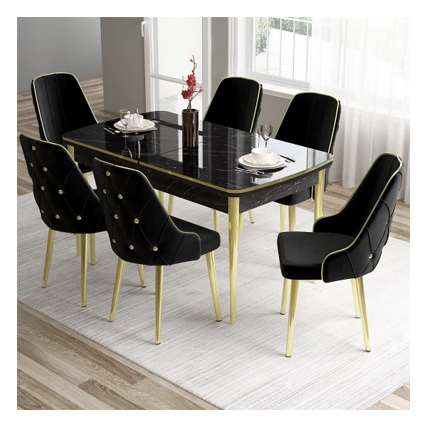 Canisa Concept Tia Serisi, Siyah Mermer Desen 80X132 Açılabilir Mdf Yemek Odası Takımı 6 Sandalye Gold Detay - Mürdüm - Görsel 9